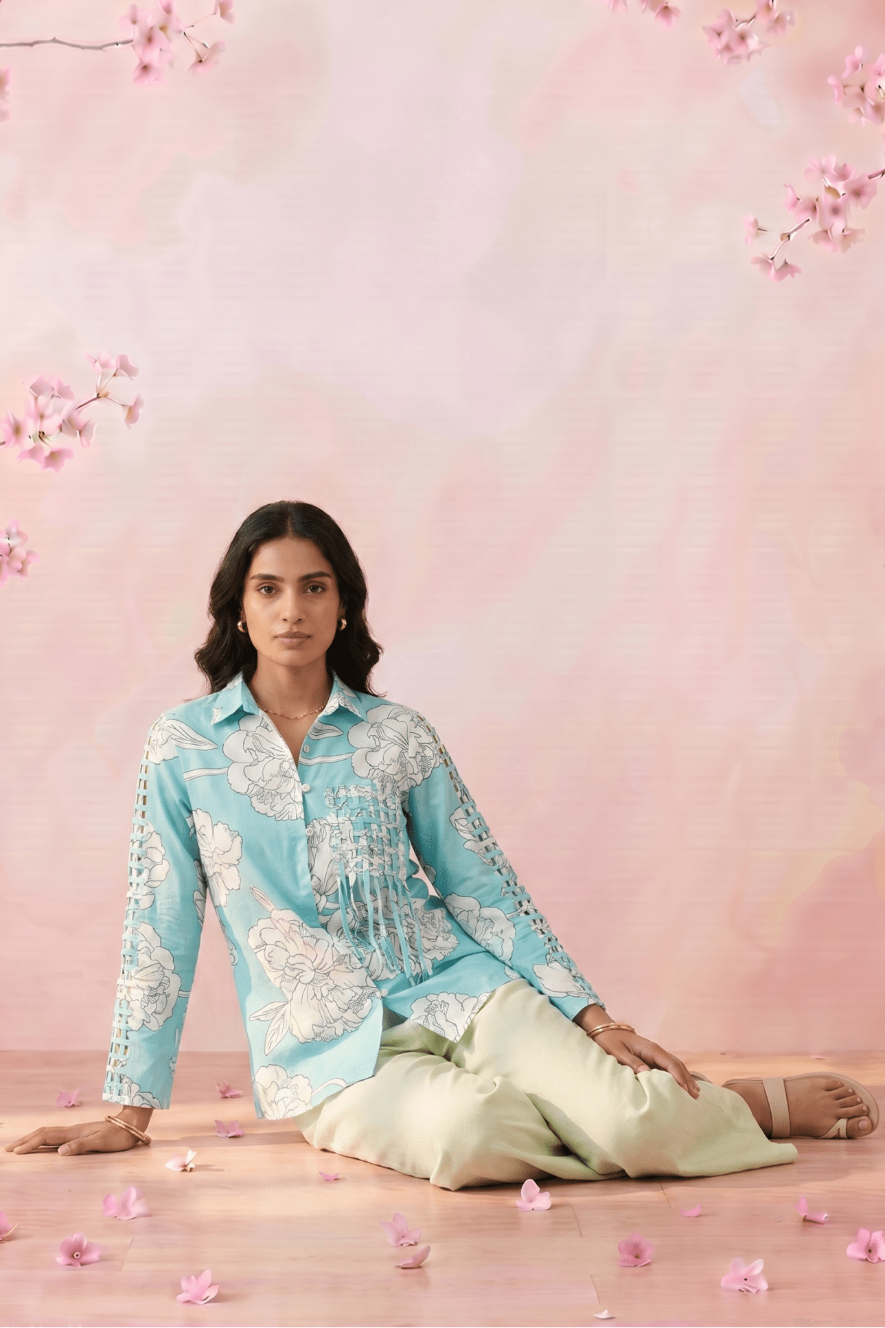Bright Turquoise Floral Shirt with Front Pocket Detailing - Western Era Tops for women
