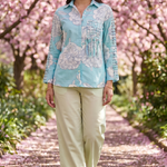 Bright Turquoise Floral Shirt with Front Pocket Detailing - Western Era Tops for women