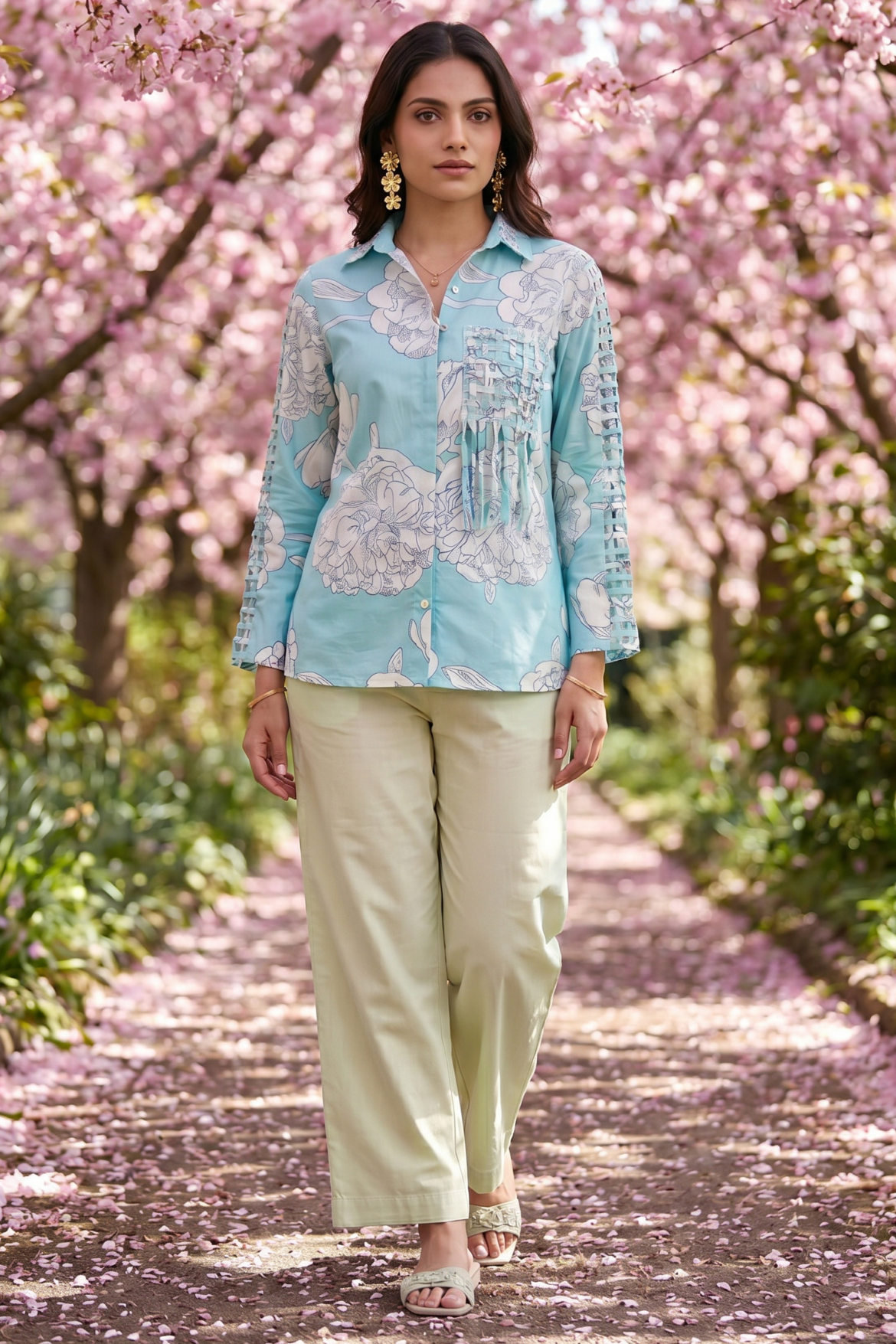 Bright Turquoise Floral Shirt with Front Pocket Detailing - Western Era Tops for women