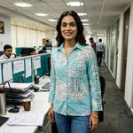 Bright Turquoise Floral Shirt with Front Pocket Detailing - Western Era Tops for women