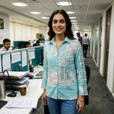 Bright Turquoise Floral Shirt with Front Pocket Detailing - Western Era Tops for women