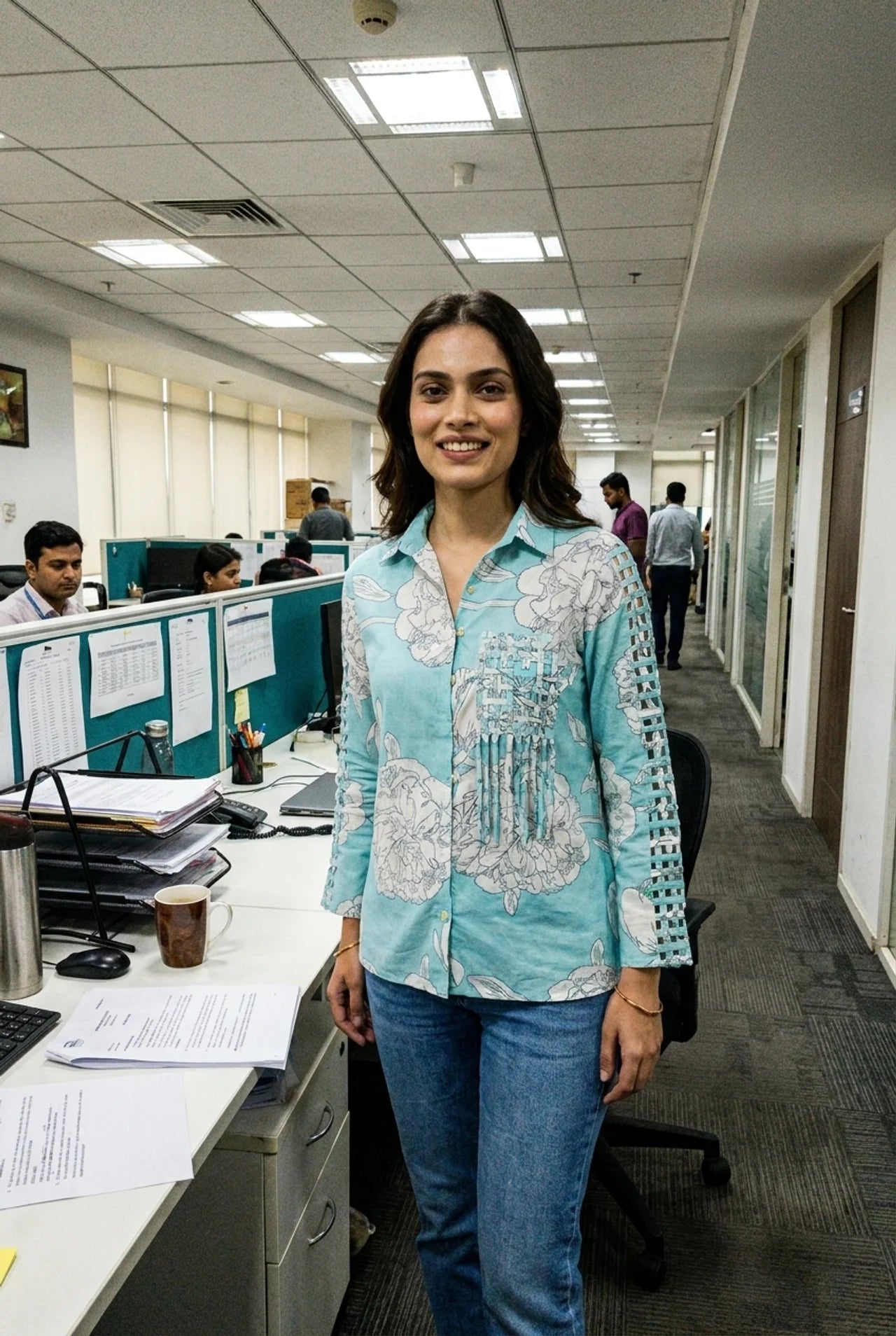 Bright Turquoise Floral Shirt with Front Pocket Detailing - Western Era Tops for women