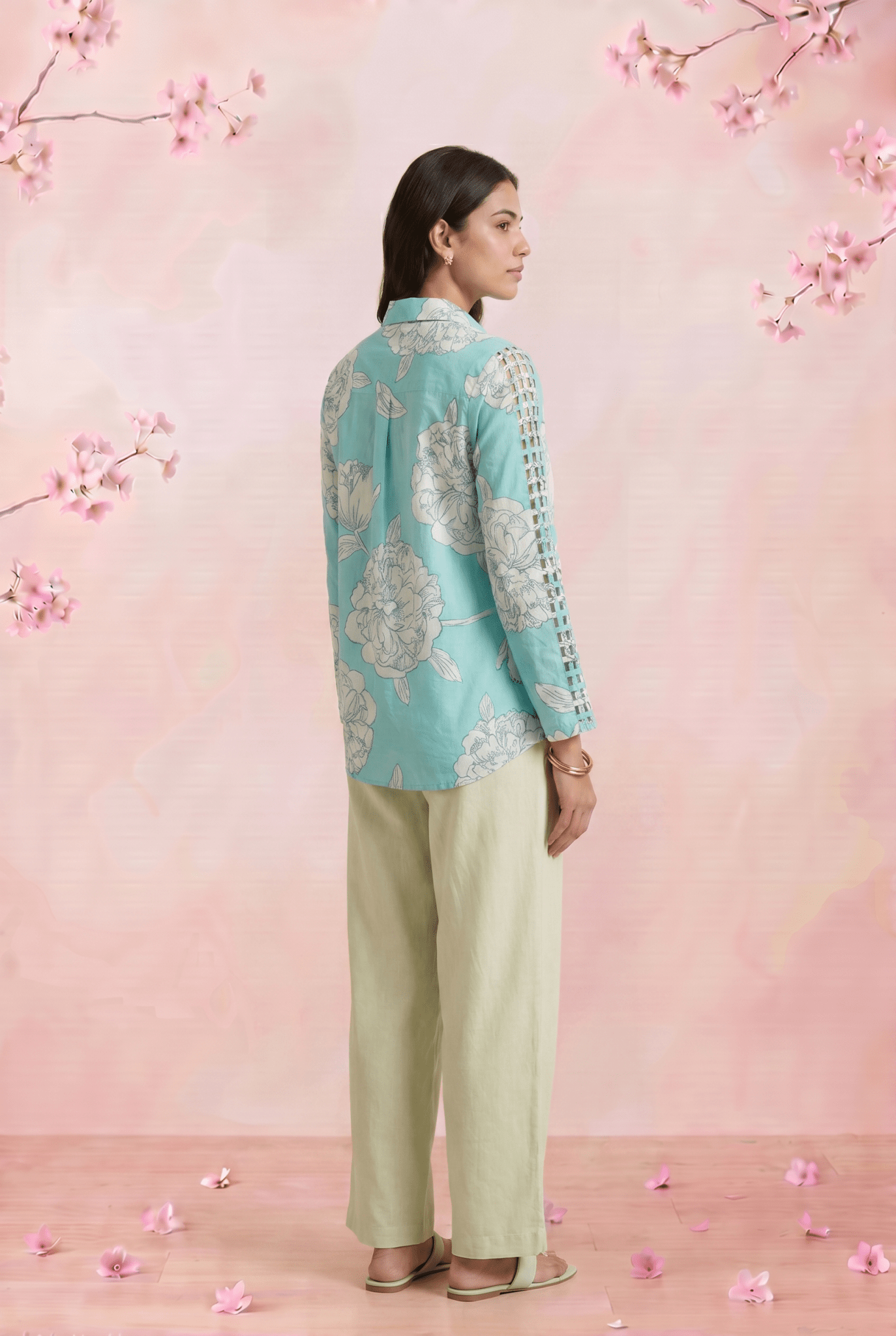 Bright Turquoise Floral Shirt with Front Pocket Detailing - Western Era Tops for women