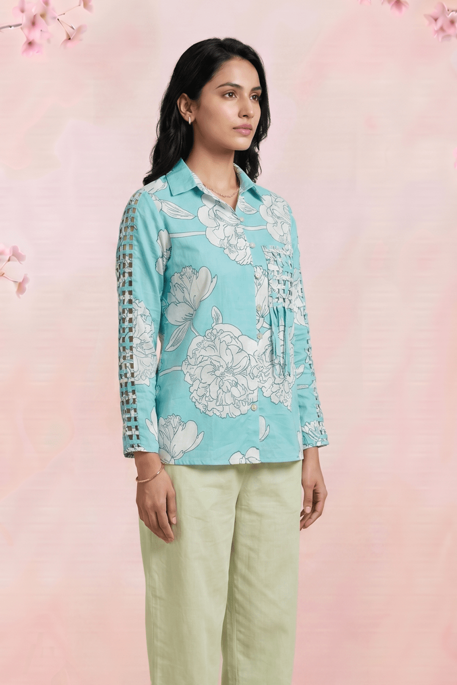 Bright Turquoise Floral Shirt with Front Pocket Detailing - Western Era Tops for women