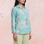 Bright Turquoise Floral Shirt with Front Pocket Detailing - Western Era Tops for women