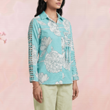 Bright Turquoise Floral Shirt with Front Pocket Detailing - Western Era Tops for women
