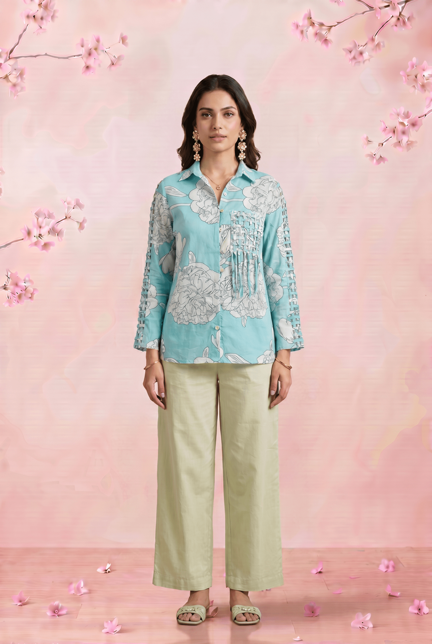 Bright Turquoise Floral Shirt with Front Pocket Detailing - Western Era Tops for women
