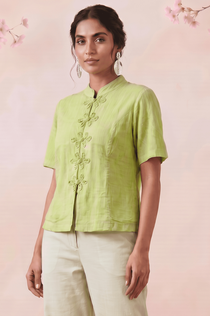 Celery Green Handcrafted Loop Buttons Top - Western Era Tops for women