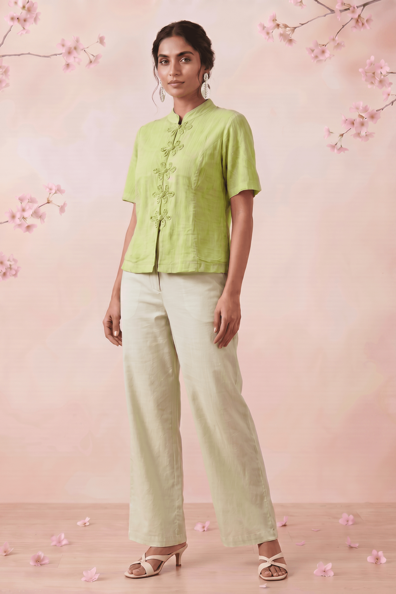 Celery Green Handcrafted Loop Buttons Top - Western Era Tops for women