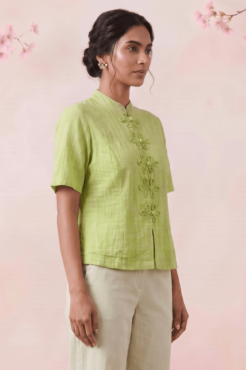 Celery Green Handcrafted Loop Buttons Top - Western Era Tops for women