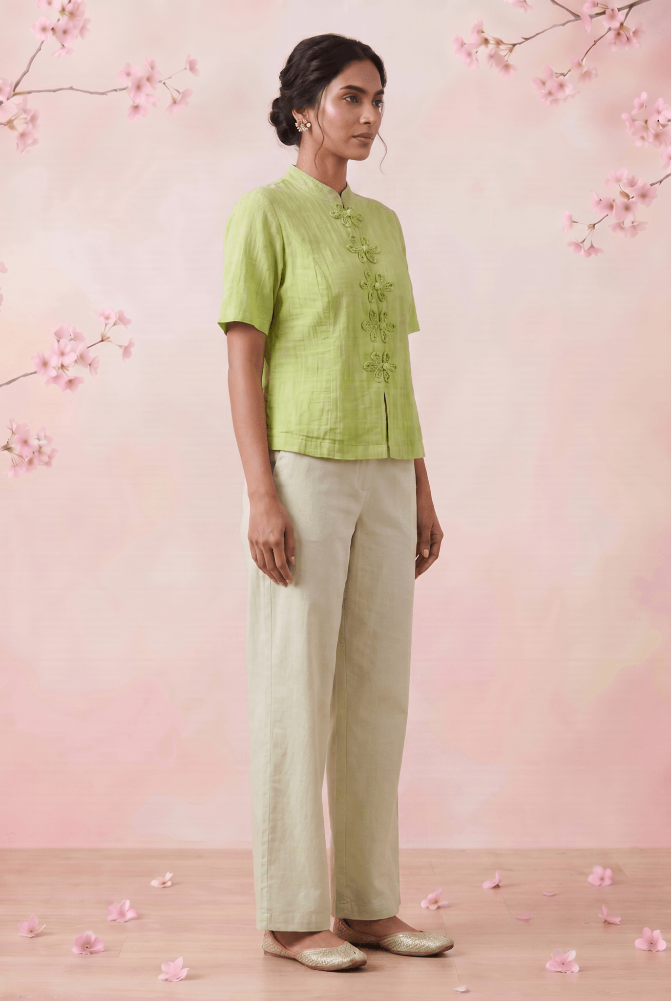 Celery Green Handcrafted Loop Buttons Top - Western Era Tops for women