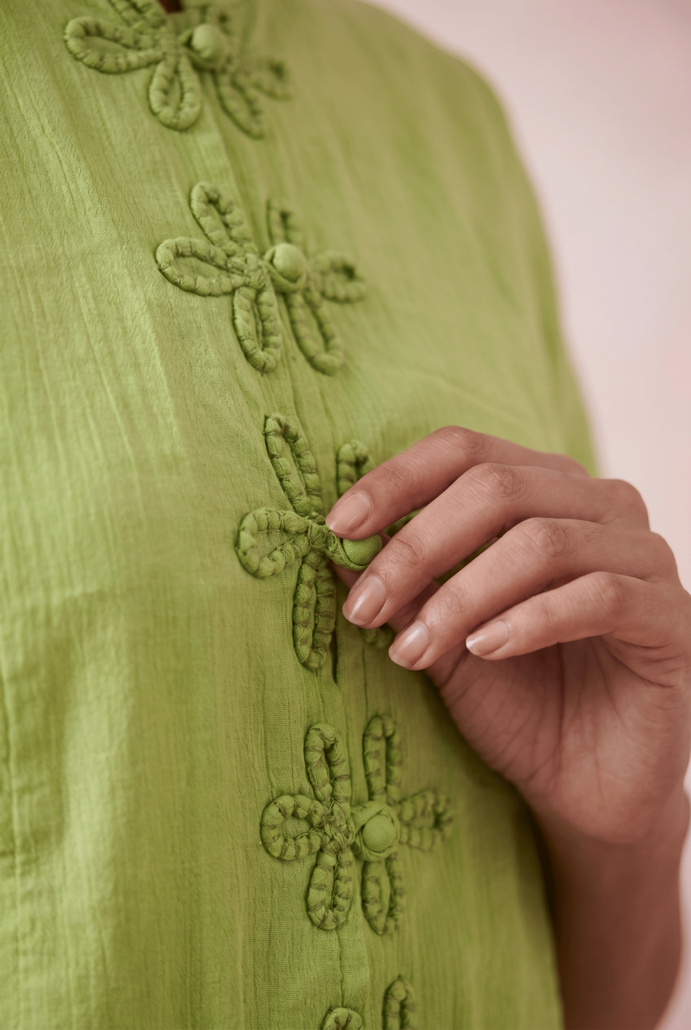 Celery Green Handcrafted Loop Buttons Top - Western Era Tops for women
