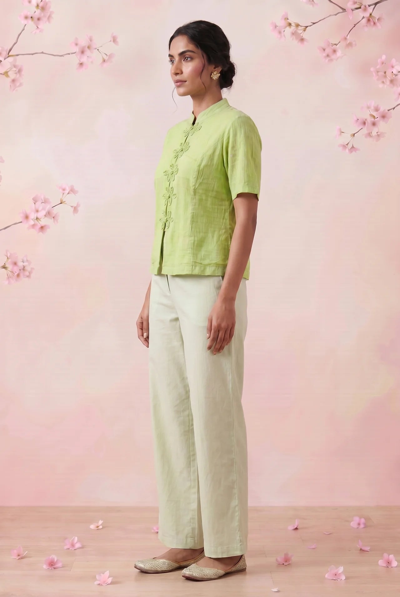 Celery Green Handcrafted Loop Buttons Top - Western Era Tops for women