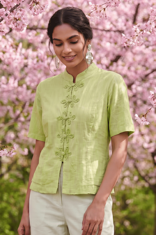 Celery Green Handcrafted Loop Buttons Mandarin Top