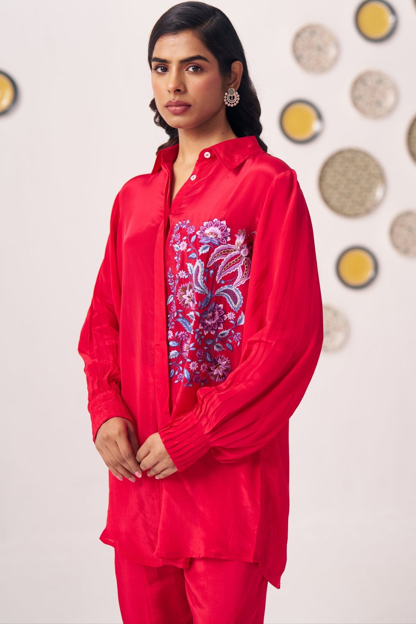 Chintz Embroidered Red Set with Pleated Sleeves - Western Era Co - ord set for women
