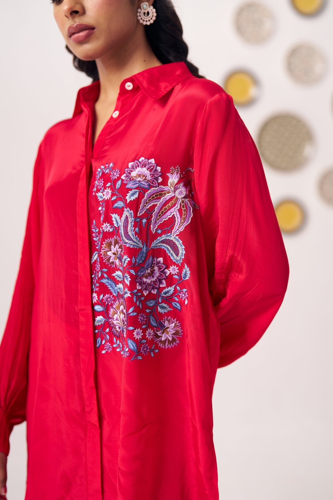 Chintz Embroidered Red Set with Pleated Sleeves - Western Era Co - ord set for women