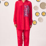 Chintz Embroidered Red Set with Pleated Sleeves - Western Era Co - ord set for women