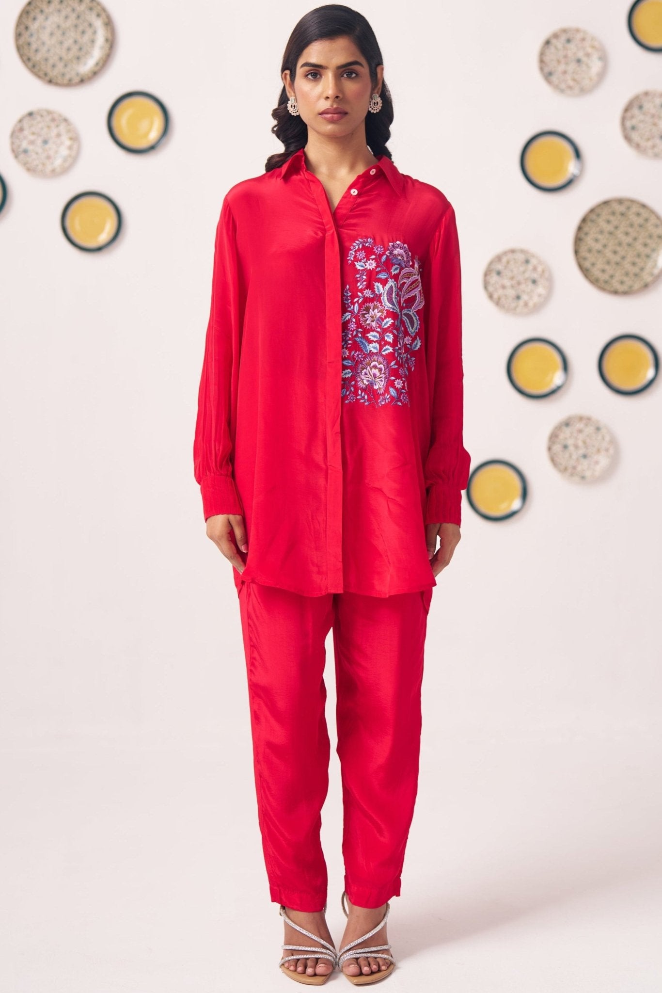 Chintz Embroidered Red Set with Pleated Sleeves - Western Era Co - ord set for women