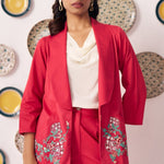 Chintz Pocket Embroidered Red Blazer 3 Piece Set - Western Era Co - ord set for women