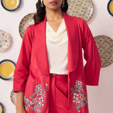 Chintz Pocket Embroidered Red Blazer 3 Piece Set - Western Era Co - ord set for women