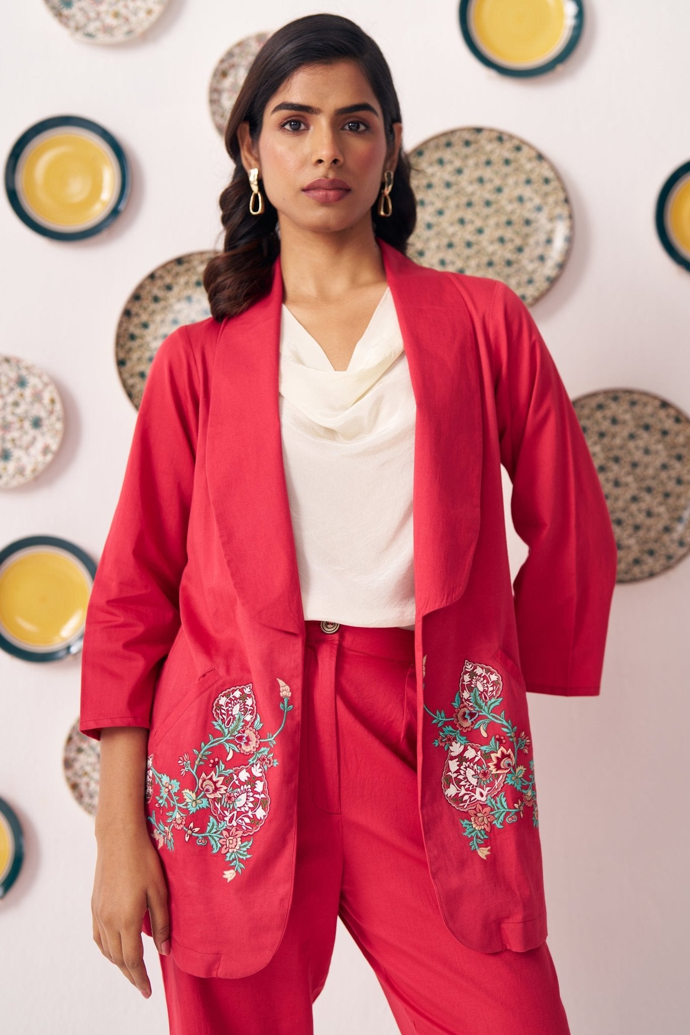 Chintz Pocket Embroidered Red Blazer 3 Piece Set - Western Era Co - ord set for women