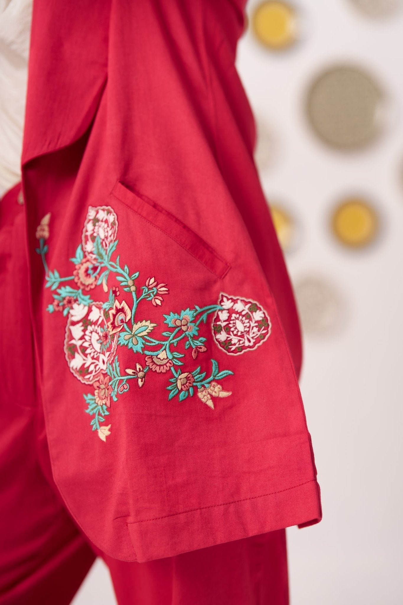 Chintz Pocket Embroidered Red Blazer 3 Piece Set - Western Era Co - ord set for women