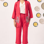 Chintz Pocket Embroidered Red Blazer 3 Piece Set - Western Era Co - ord set for women