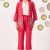 Chintz Pocket Embroidered Red Blazer 3 Piece Set - Western Era Co - ord set for women