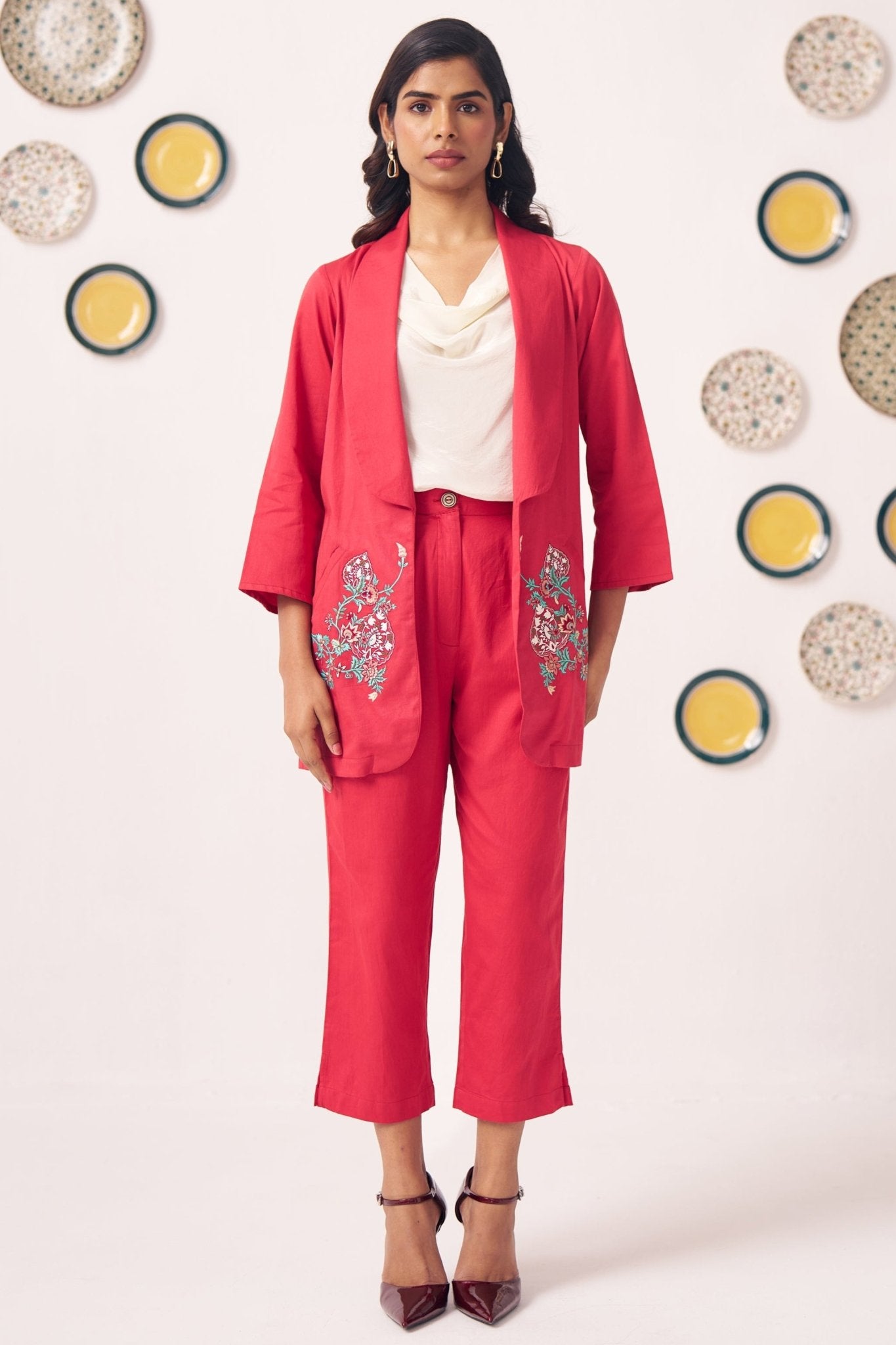 Chintz Pocket Embroidered Red Blazer 3 Piece Set - Western Era Co - ord set for women