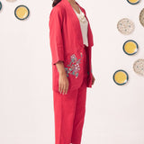 Chintz Pocket Embroidered Red Blazer 3 Piece Set - Western Era Co - ord set for women
