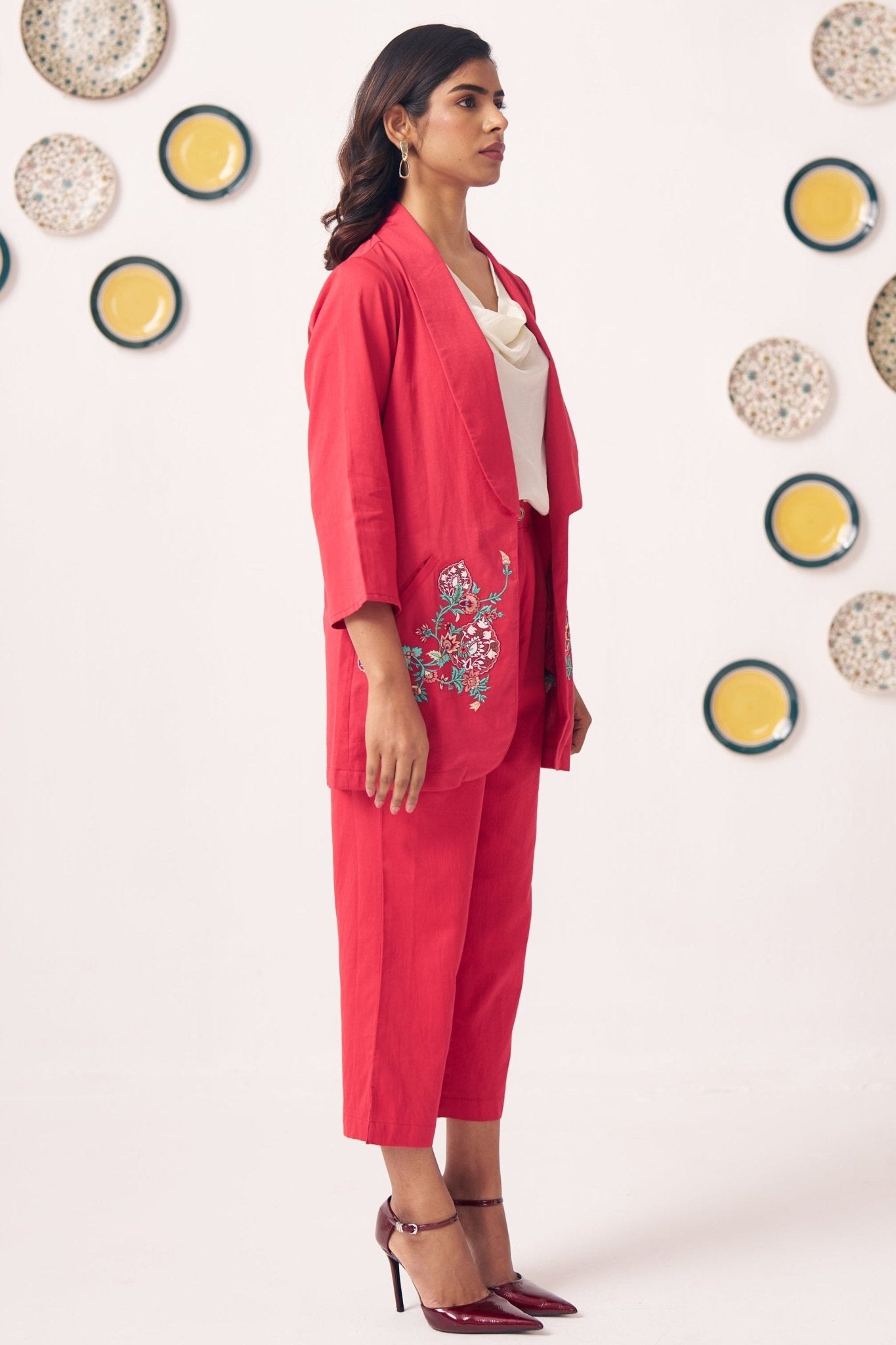 Chintz Pocket Embroidered Red Blazer 3 Piece Set - Western Era Co - ord set for women