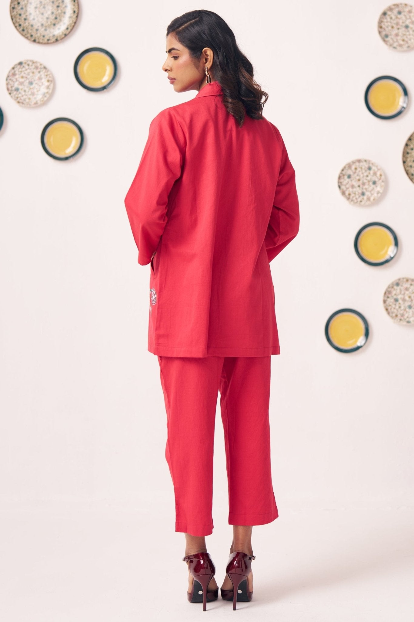 Chintz Pocket Embroidered Red Blazer 3 Piece Set - Western Era Co - ord set for women