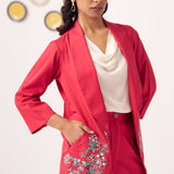 Chintz Pocket Embroidered Red Blazer 3 Piece Set - Western Era Co - ord set for women