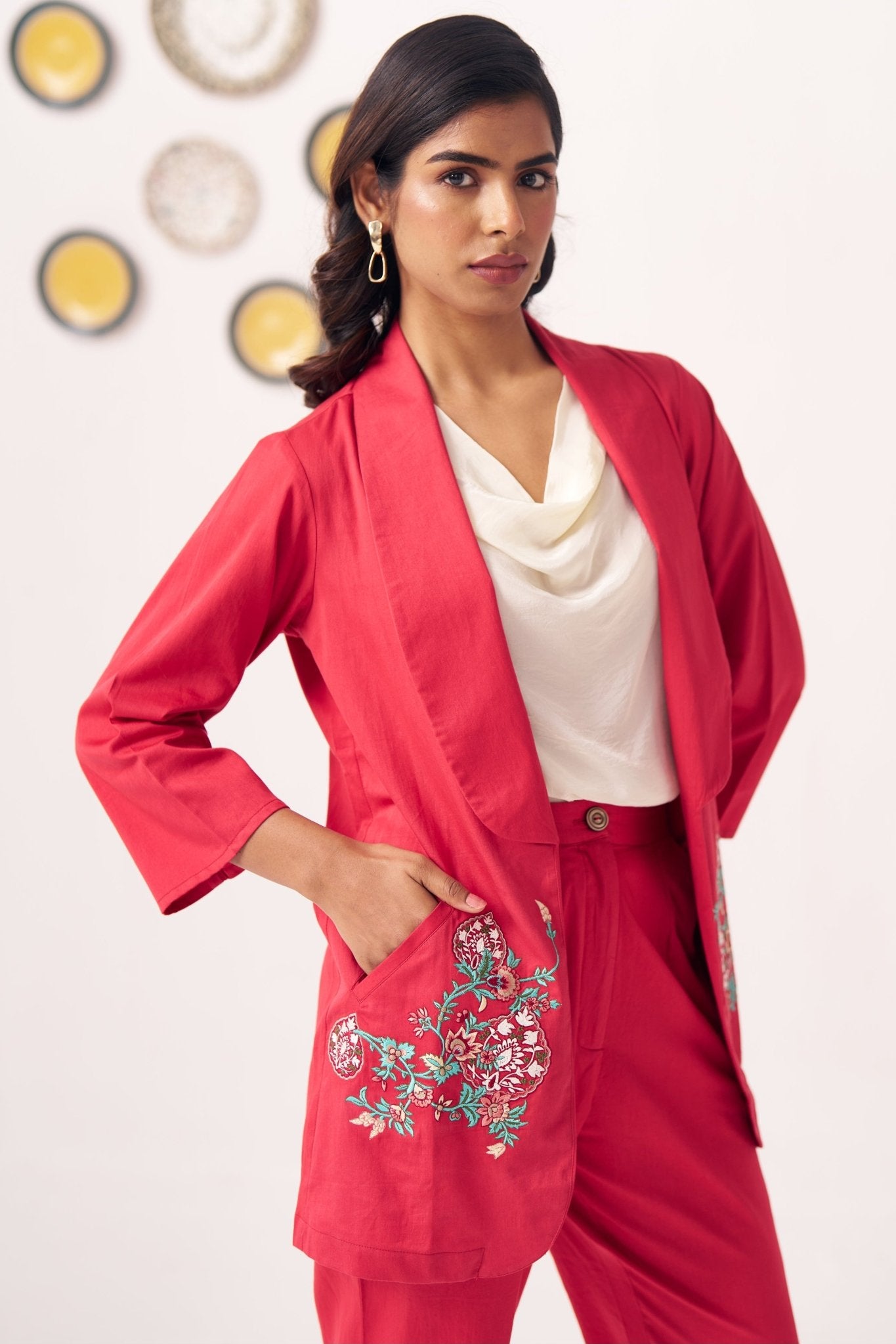 Chintz Pocket Embroidered Red Blazer 3 Piece Set - Western Era Co - ord set for women