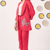 Chintz Pocket Embroidered Red Blazer 3 Piece Set - Western Era Co - ord set for women