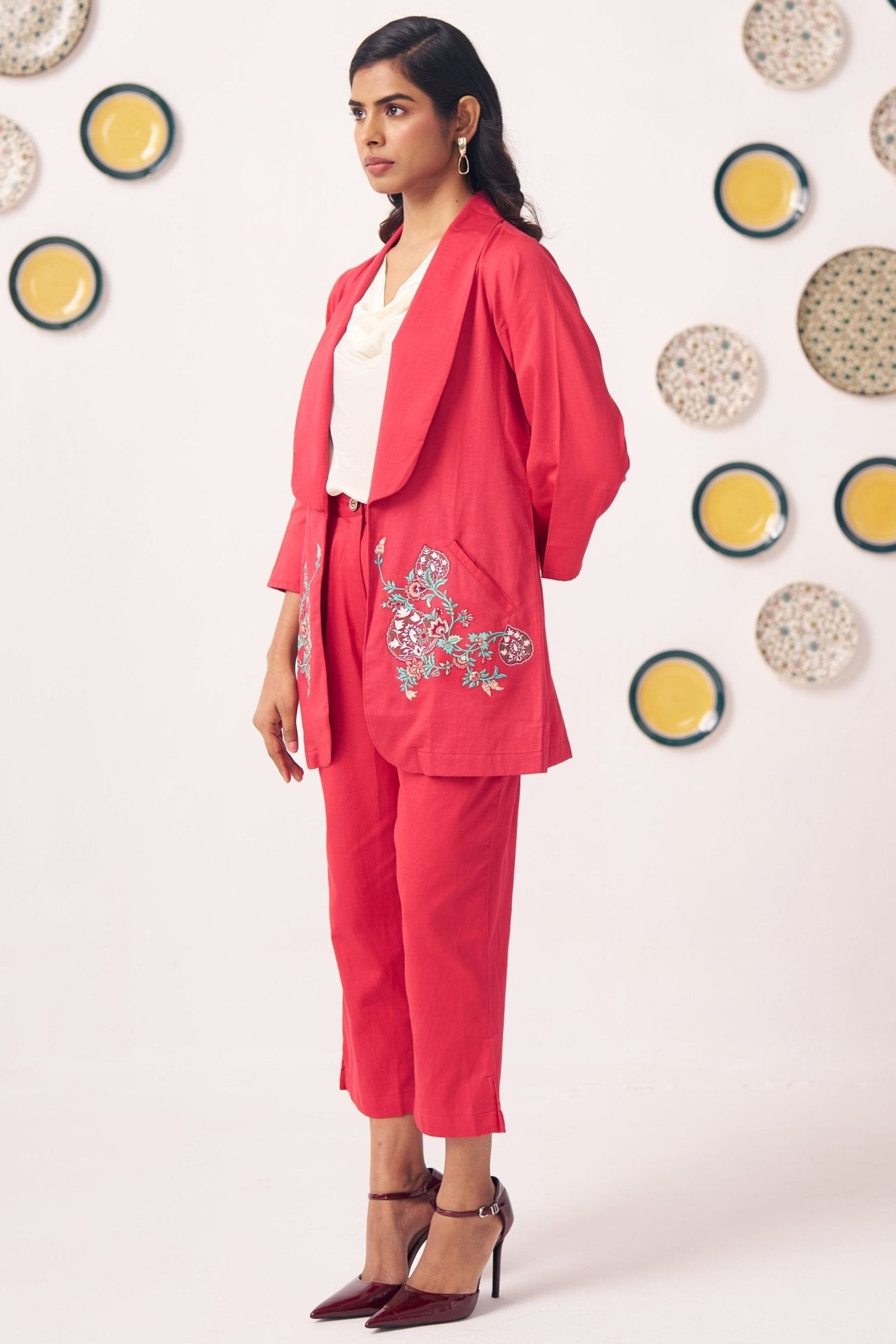 Chintz Pocket Embroidered Red Blazer 3 Piece Set - Western Era Co - ord set for women