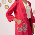 Chintz Pocket Embroidered Red Blazer 3 Piece Set - Western Era Co - ord set for women