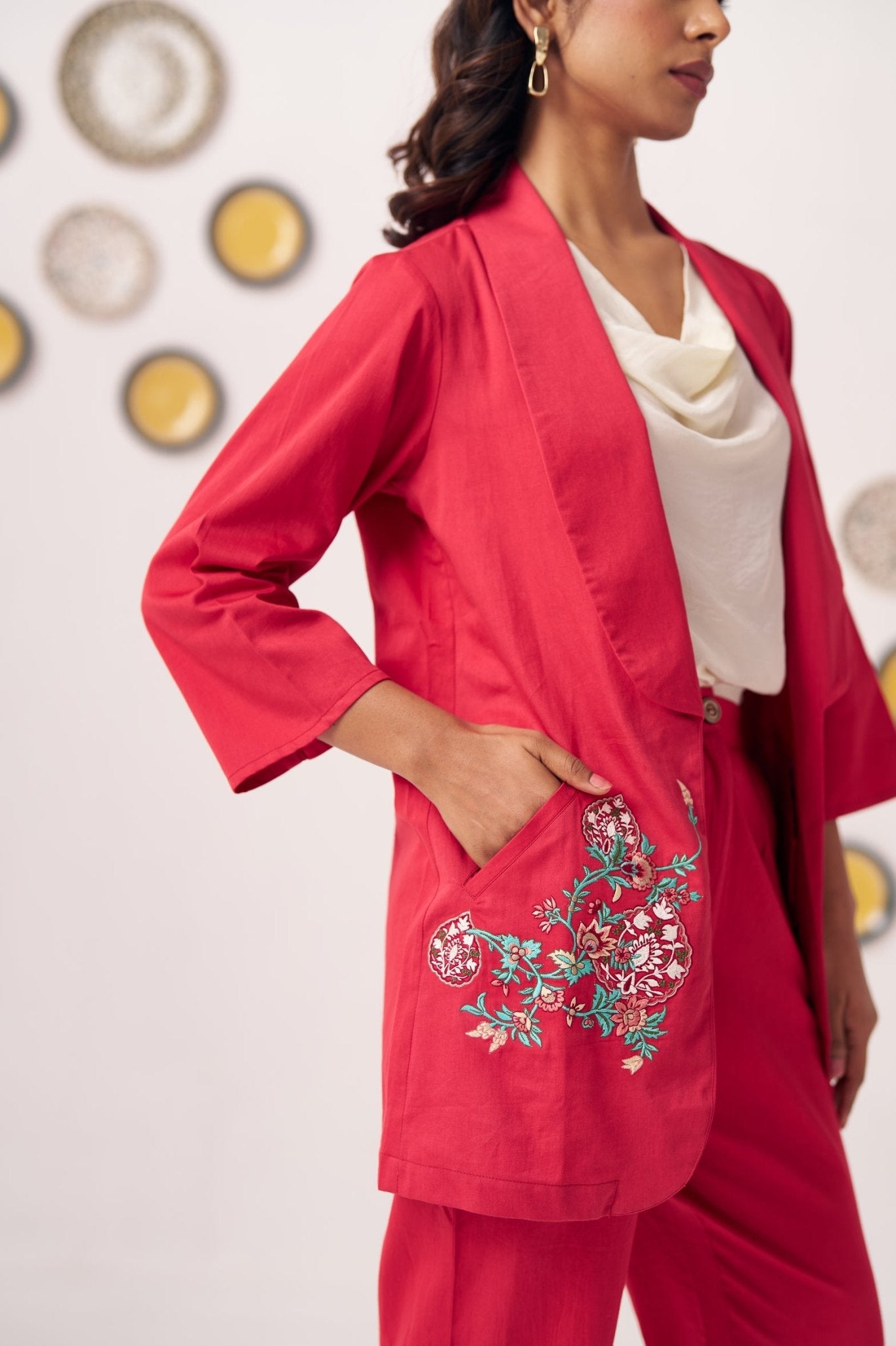 Chintz Pocket Embroidered Red Blazer 3 Piece Set - Western Era Co - ord set for women