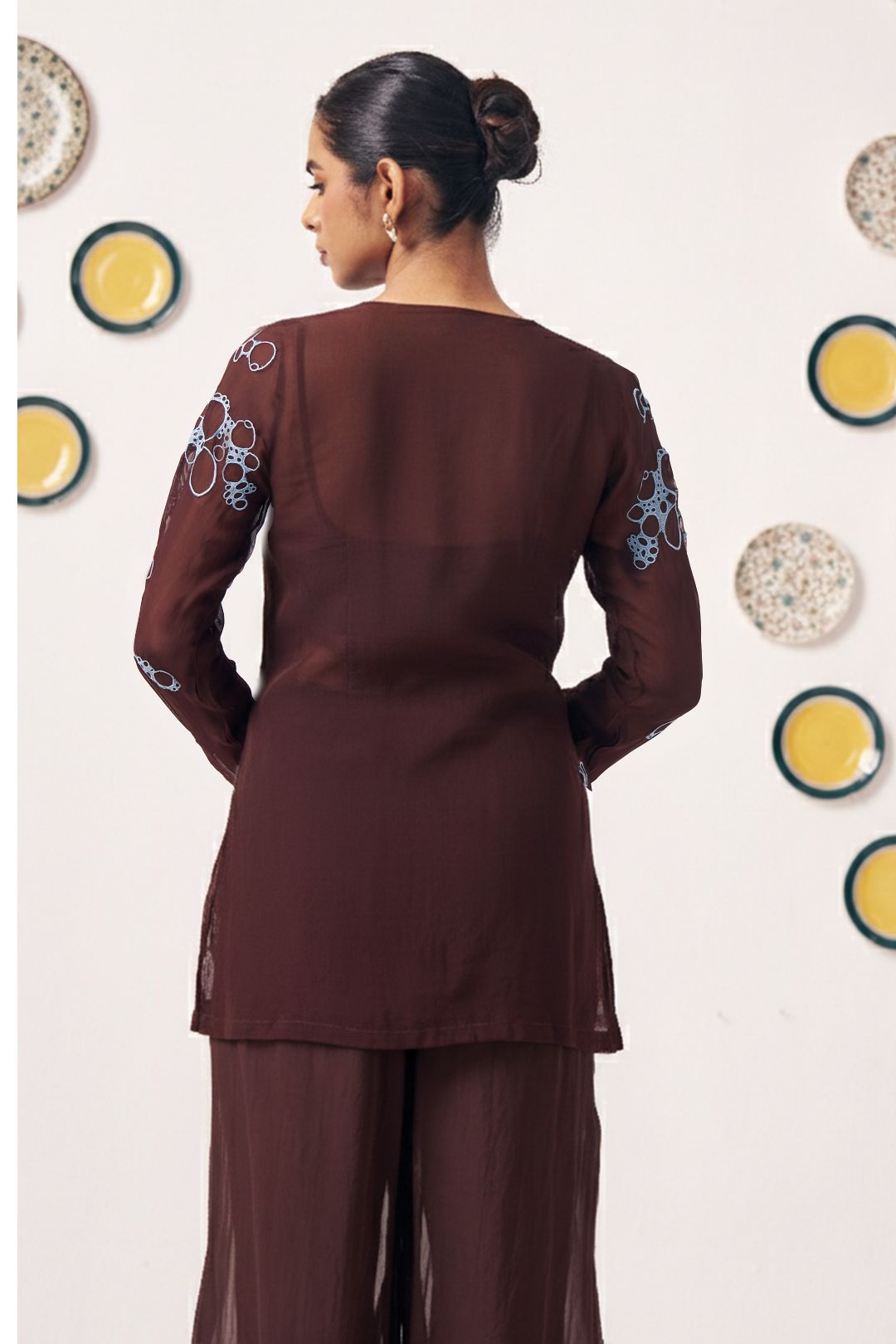 Chocolate Brown Embroidered Jacket & Flared Pants Co - Ord Set - Western Era Co - ord set for women