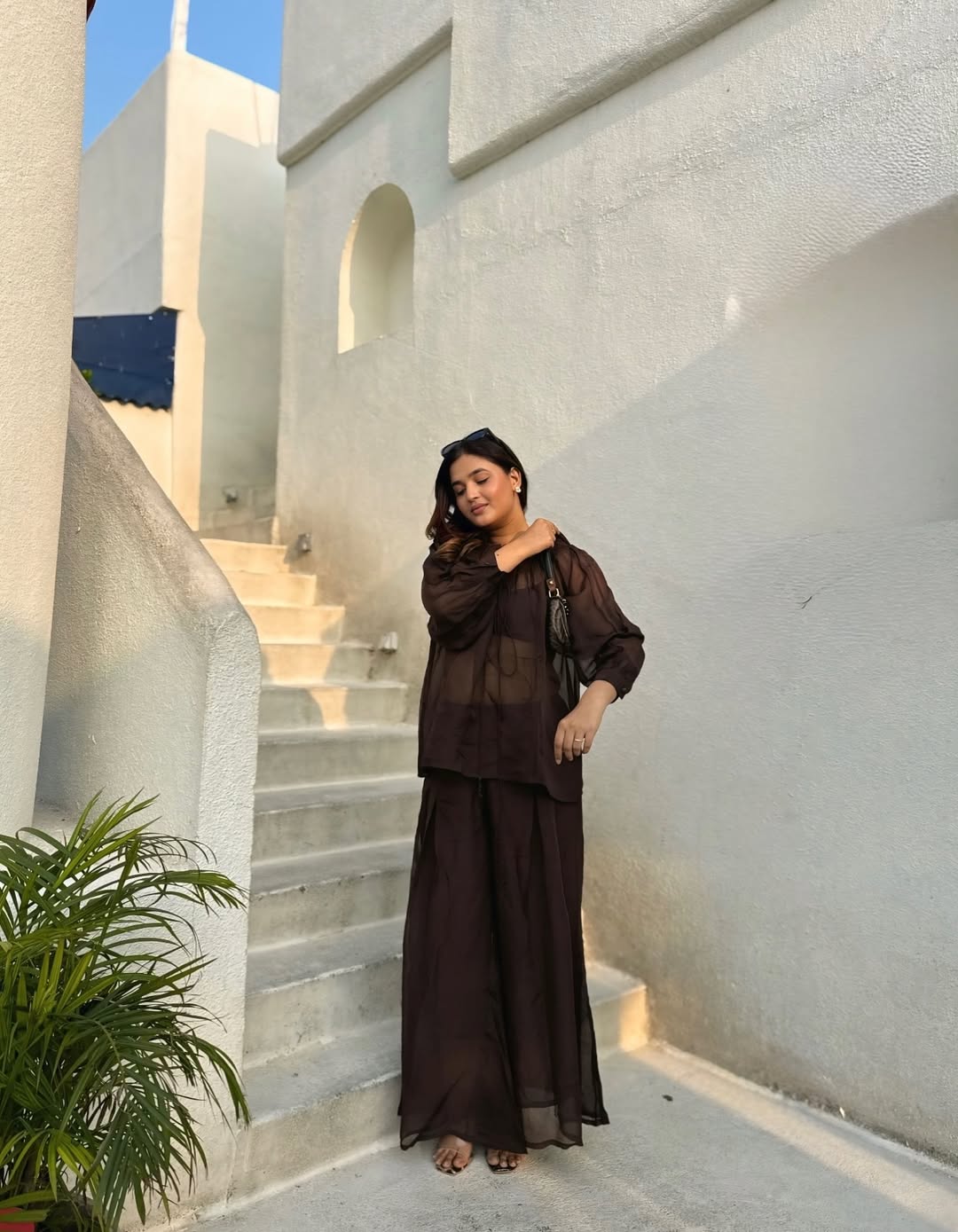 Chocolate Brown Sheer Gathered Top & Flowy Pants Co - Ord Set - Western Era Co - ord set for women