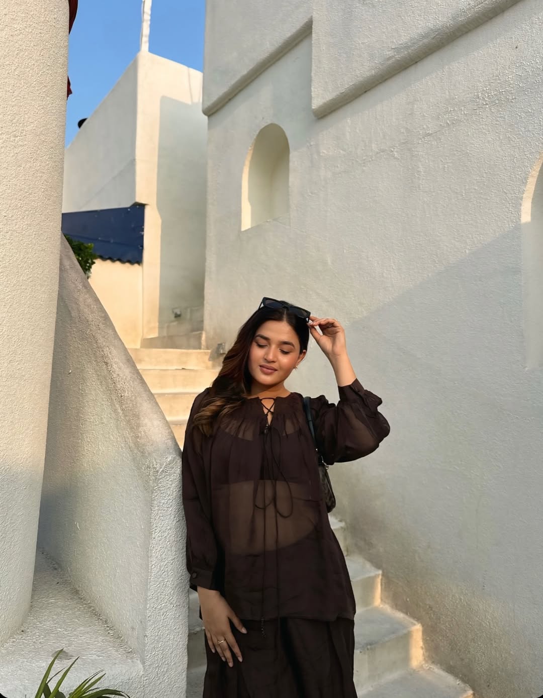 Chocolate Brown Sheer Gathered Top & Flowy Pants Co - Ord Set - Western Era Co - ord set for women