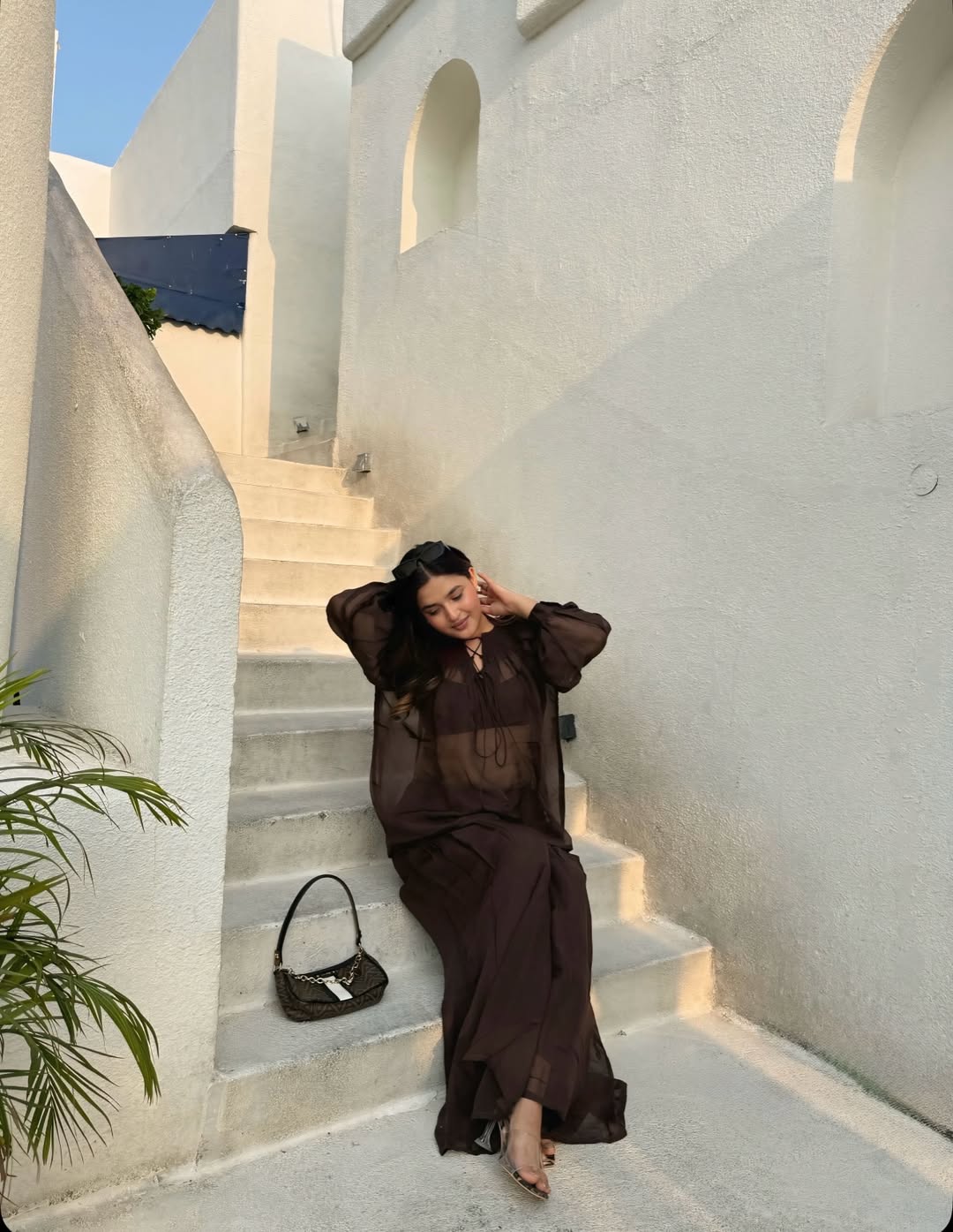 Chocolate Brown Sheer Gathered Top & Flowy Pants Co - Ord Set - Western Era Co - ord set for women