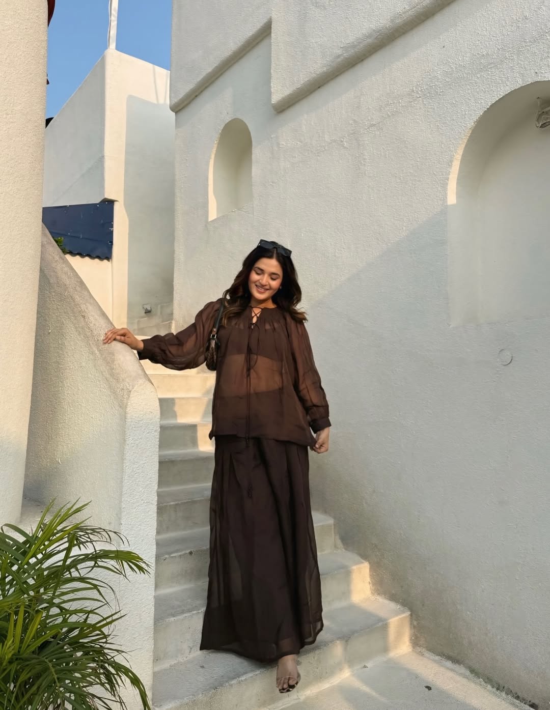 Chocolate Brown Sheer Gathered Top & Flowy Pants Co - Ord Set - Western Era Co - ord set for women