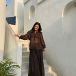 Chocolate Brown Sheer Gathered Top & Flowy Pants Co - Ord Set - Western Era Co - ord set for women