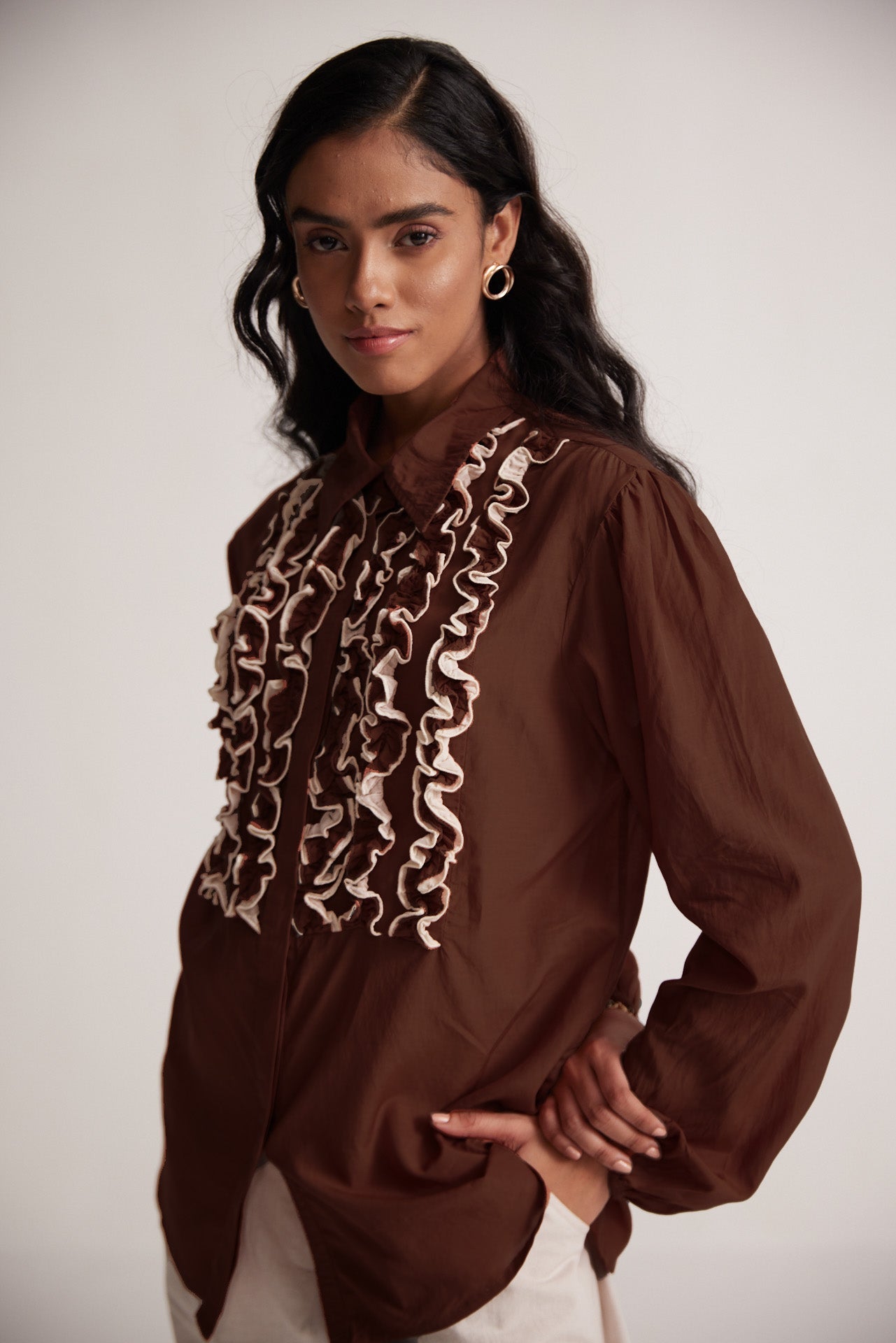 Coco Brown Cotton Full Sleeve Shirt with Front Ruffles - Western Era Tops for women