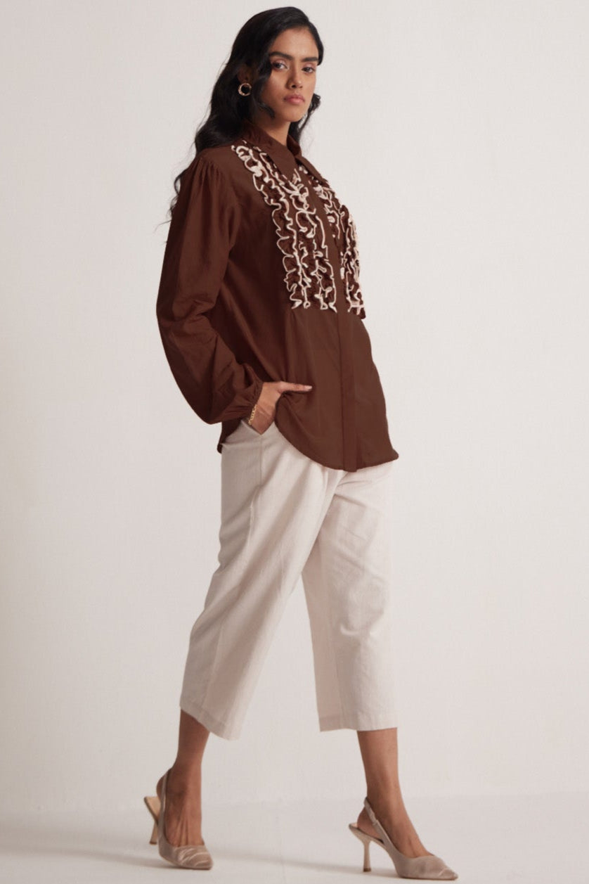 Coco Brown Cotton Full Sleeve Shirt with Front Ruffles - Western Era Tops for women