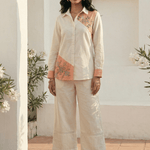 Color - Block Shirt In Cross Stitch Embroidery with Sculptural Drawstring Sleeves Co - ord Set - Western Era Co - ord set for women