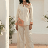 Color - Block Shirt In Cross Stitch Embroidery with Sculptural Drawstring Sleeves Co - ord Set - Western Era Co - ord set for women