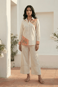 Color - Block Shirt In Cross Stitch Embroidery with Sculptural Drawstring Sleeves Co - ord Set - Western Era Co - ord set for women