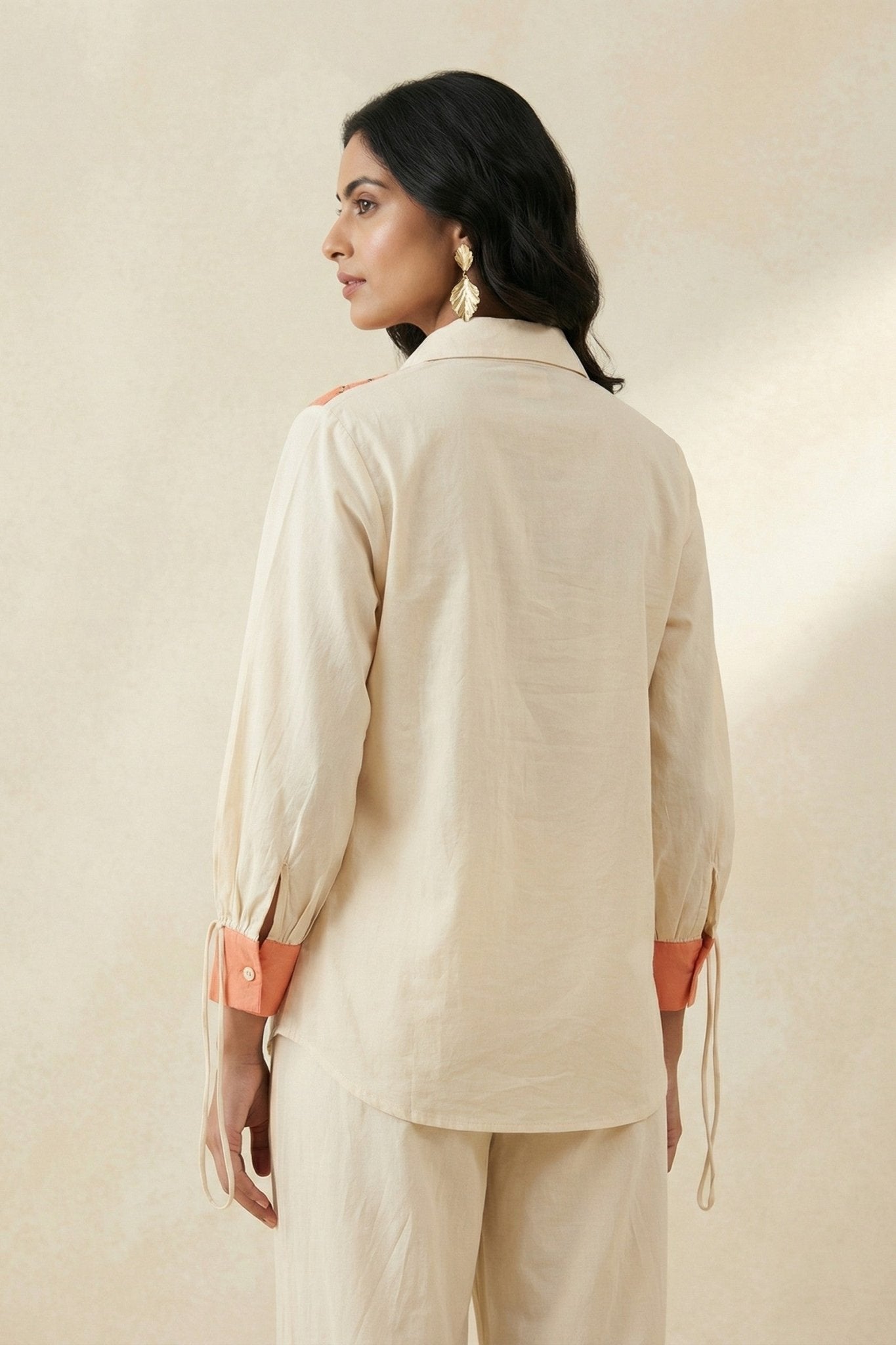 Color - Block Shirt In Cross Stitch Embroidery with Sculptural Drawstring Sleeves Co - ord Set - Western Era Co - ord set for women